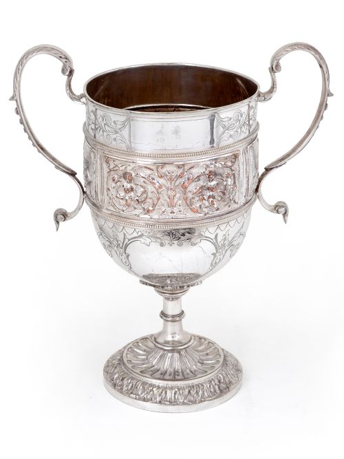 silver plated trophy cup embossed with agricultural machinery and steam engines - CATEGORY: ANTIQUE SILVER - DATED 1890