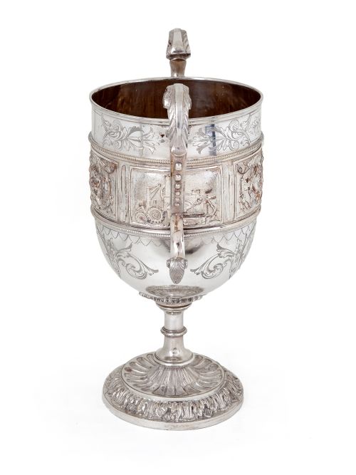 SILVER PLATED TROPHY CUP EMBOSSED WITH AGRICULTURAL MACHINERY AND STEAM ENGINES - ADDITIONAL PHOTO 1