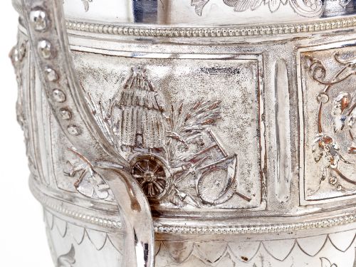 SILVER PLATED TROPHY CUP EMBOSSED WITH AGRICULTURAL MACHINERY AND STEAM ENGINES - ADDITIONAL PHOTO 2