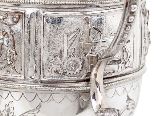 SILVER PLATED TROPHY CUP EMBOSSED WITH AGRICULTURAL MACHINERY AND STEAM ENGINES - ADDITIONAL PHOTO 3
