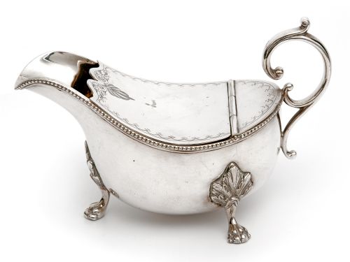 victorian silver plated sauce boat with an unusual hinged engraved lid - CATEGORY: ANTIQUE SILVER - DATED 1890
