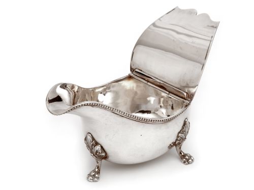 VICTORIAN SILVER PLATED SAUCE BOAT WITH AN UNUSUAL HINGED ENGRAVED LID - ADDITIONAL PHOTO 1