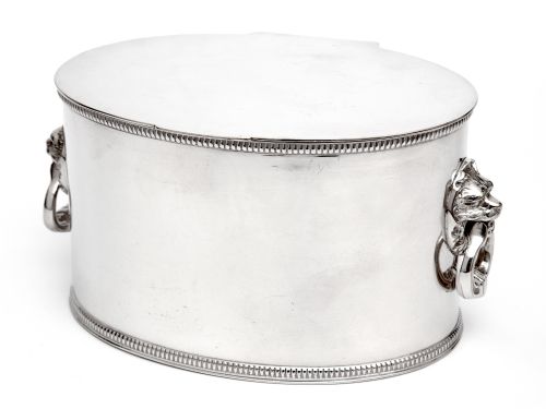 cooper brothers oval silver plated biscuit or trinket box with lion and loop handles - CATEGORY: ANTIQUE BOXES - DATED 1910