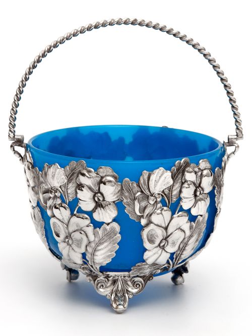 silver plated sugar basket pierced and embossed floral decoration body and opeline liner - CATEGORY: ANTIQUE MISCELLANEOUS - DATED 1890