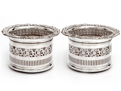 tall edwardian silver plated coasters with floral and scroll applied mounts - CATEGORY: ANTIQUE SILVER - DATED 1910
