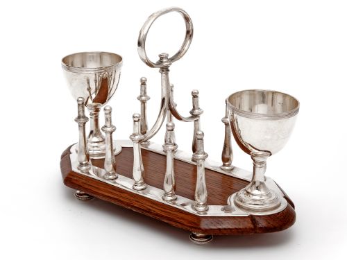 oak and silver plated toast rack with two egg cups - CATEGORY: ANTIQUE SILVER - DATED 1890