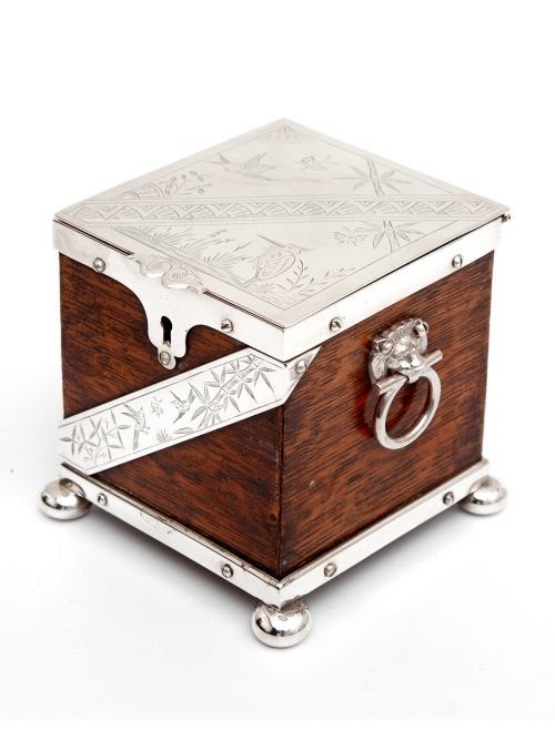 antique tea caddy with an oak body and silver plated mounts - CATEGORY: ANTIQUE BOXES - DATED 1880