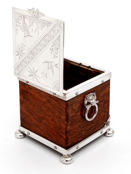 ANTIQUE TEA CADDY WITH AN OAK BODY AND SILVER PLATED MOUNTS - ADDITIONAL PHOTO 1