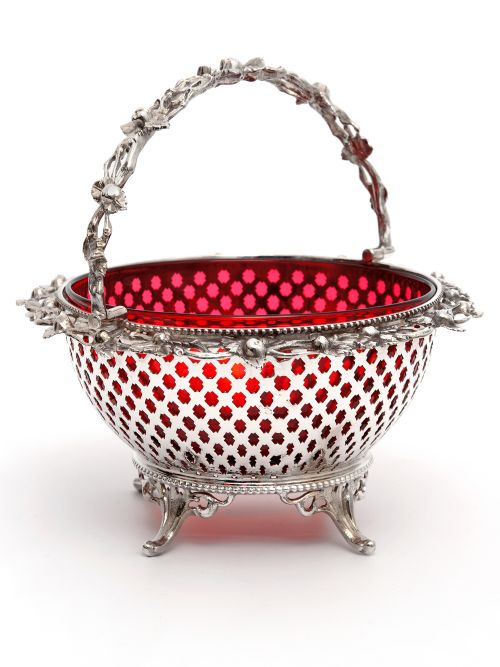 silver plated basket with a pierced body and red cranberry glass liner - CATEGORY: ANTIQUE SILVER - DATED 1880