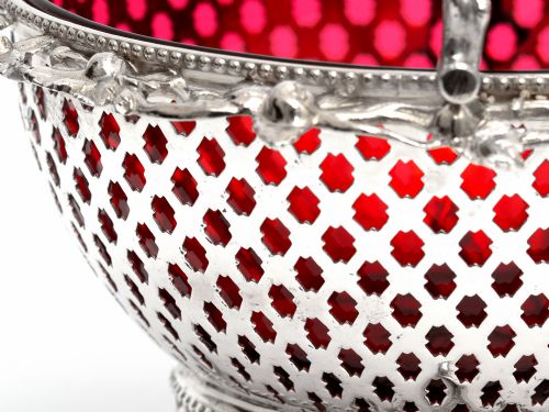 SILVER PLATED BASKET WITH A PIERCED BODY AND RED CRANBERRY GLASS LINER - ADDITIONAL PHOTO 2