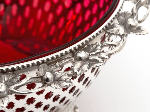SILVER PLATED BASKET WITH A PIERCED BODY AND RED CRANBERRY GLASS LINER - ADDITIONAL PHOTO 5