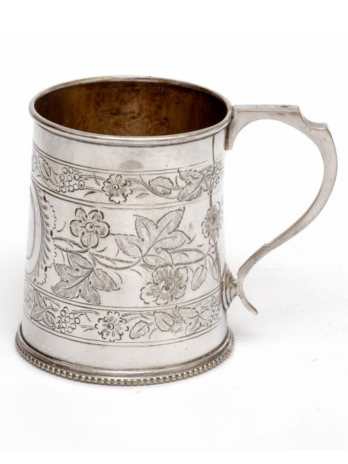 antique silver plated christening mug with floral scenes and bracket handle - CATEGORY: ANTIQUE SILVER - DATED 1890