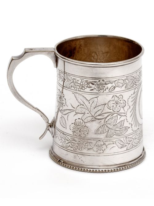ANTIQUE SILVER PLATED CHRISTENING MUG WITH FLORAL SCENES AND BRACKET HANDLE - ADDITIONAL PHOTO 1