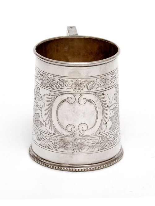 ANTIQUE SILVER PLATED CHRISTENING MUG WITH FLORAL SCENES AND BRACKET HANDLE - ADDITIONAL PHOTO 2