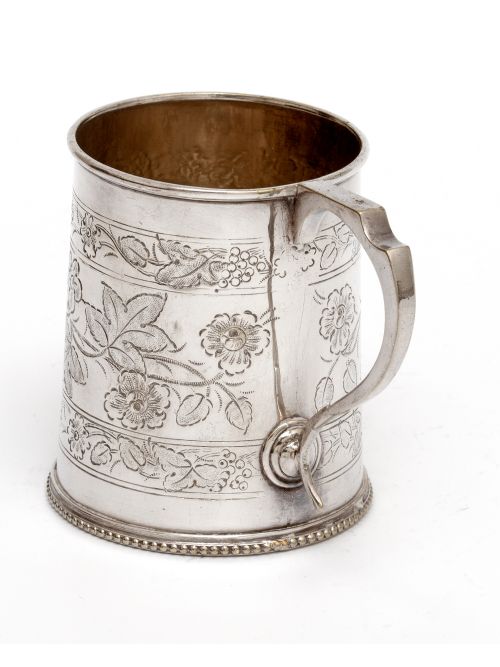 ANTIQUE SILVER PLATED CHRISTENING MUG WITH FLORAL SCENES AND BRACKET HANDLE - ADDITIONAL PHOTO 3