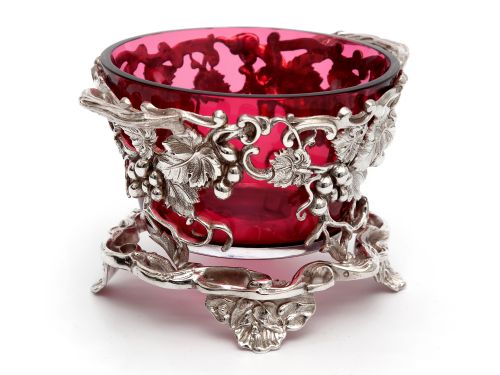 SILVER PLATE SUGAR BASKET WITH A CRANBERRY GLASS LINER AND GRAPE AND VINE SIDES - ADDITIONAL PHOTO 2