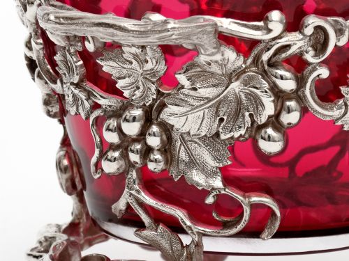 SILVER PLATE SUGAR BASKET WITH A CRANBERRY GLASS LINER AND GRAPE AND VINE SIDES - ADDITIONAL PHOTO 3
