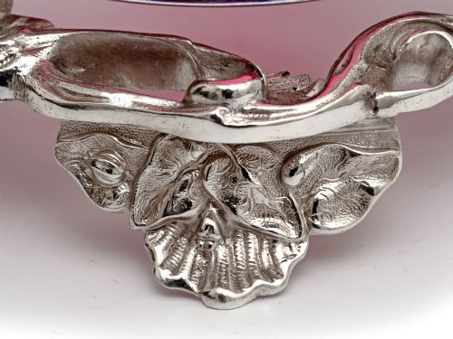 SILVER PLATE SUGAR BASKET WITH A CRANBERRY GLASS LINER AND GRAPE AND VINE SIDES - ADDITIONAL PHOTO 4