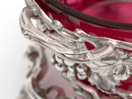 SILVER PLATE SUGAR BASKET WITH A CRANBERRY GLASS LINER AND GRAPE AND VINE SIDES - ADDITIONAL PHOTO 5