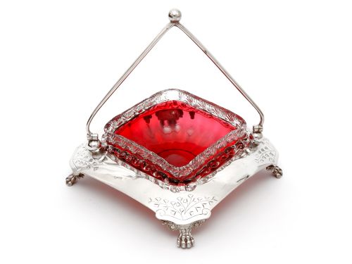 silver plated basket with a graduated colour cranberry to clear glass liner - CATEGORY: ANTIQUE GLASS - DATED 1880