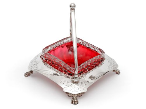 SILVER PLATED BASKET WITH A GRADUATED COLOUR CRANBERRY TO CLEAR GLASS LINER - ADDITIONAL PHOTO 1