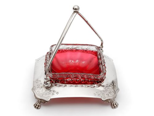 SILVER PLATED BASKET WITH A GRADUATED COLOUR CRANBERRY TO CLEAR GLASS LINER - ADDITIONAL PHOTO 2