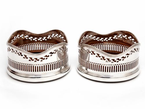 edwardian silver plated coasters with scroll and bar pierced sides - CATEGORY: ANTIQUE SILVER - DATED 1910