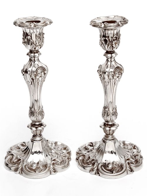 pair of antique silver plated candlesticks with baluster floral columns and rococo bases - CATEGORY: ANTIQUE LIGHTING - DATED 1860