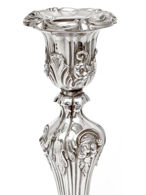 PAIR OF ANTIQUE SILVER PLATED CANDLESTICKS WITH BALUSTER FLORAL COLUMNS AND ROCOCO BASES - ADDITIONAL PHOTO 3