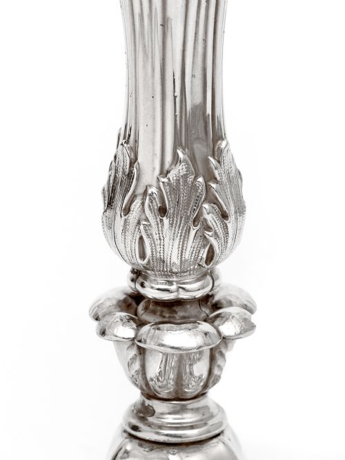 PAIR OF ANTIQUE SILVER PLATED CANDLESTICKS WITH BALUSTER FLORAL COLUMNS AND ROCOCO BASES - ADDITIONAL PHOTO 4