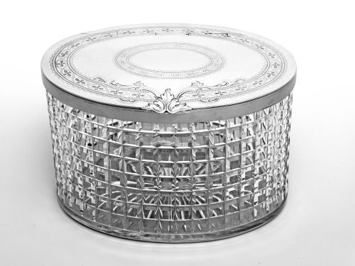 oval silver plate and cut glass box with a flush hinged lid - CATEGORY: ANTIQUE BOXES - DATED 1890