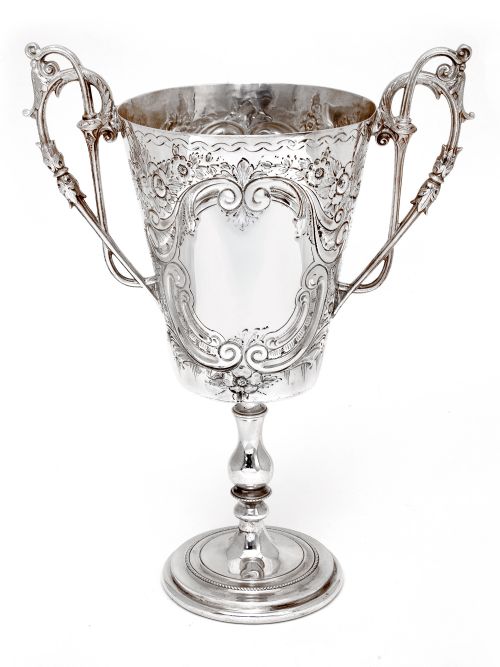 antique two handle silver plated trophy cup chased with scrolls and flowers - CATEGORY: ANTIQUE SILVER - DATED 1890
