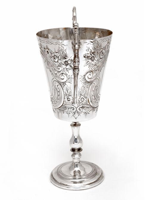 ANTIQUE TWO HANDLE SILVER PLATED TROPHY CUP CHASED WITH SCROLLS AND FLOWERS - ADDITIONAL PHOTO 1