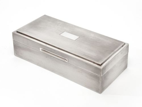 silver engine turned cedar lined trinket or cigarette box - CATEGORY: ANTIQUE SILVER - DATED 1950