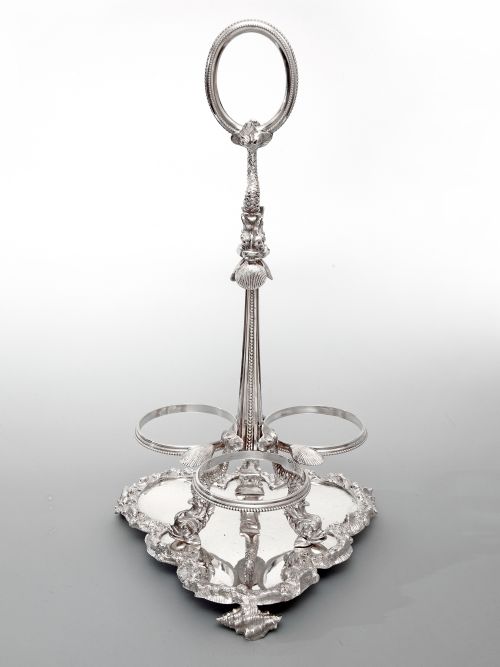 VICTORIAN SILVER PLATED CAST DECANTER STAND WITH THREE CUT GLASS DECANTERS - ADDITIONAL PHOTO 1