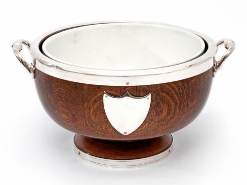 edwardian oak and silver plate bowl with a china liner - CATEGORY: ANTIQUE SILVER - DATED 1910
