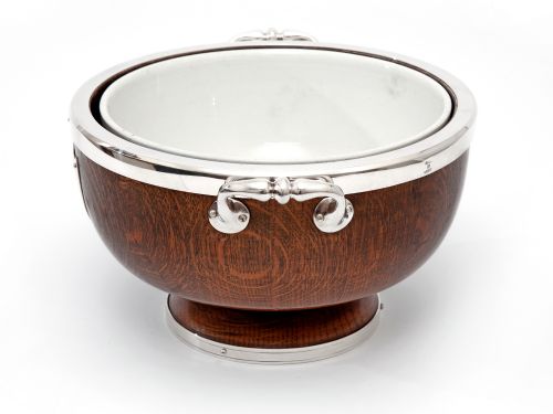 EDWARDIAN OAK AND SILVER PLATE BOWL WITH A CHINA LINER - ADDITIONAL PHOTO 1