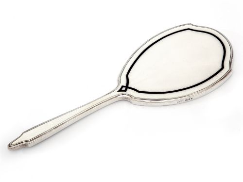 art deco style black and white guilloche enamel and silver hand mirror - CATEGORY: ANTIQUE SILVER - DATED 1930