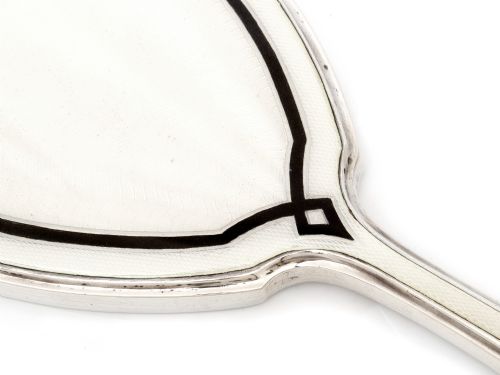 ART DECO STYLE BLACK AND WHITE GUILLOCHE ENAMEL AND SILVER HAND MIRROR - ADDITIONAL PHOTO 2