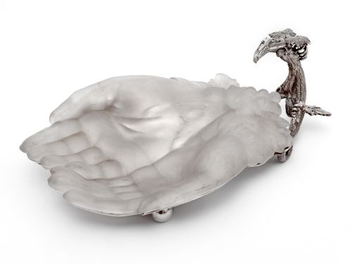 victorian silver plated cupped hands dish with removable frosted glass liner - CATEGORY: ANTIQUE SILVER - DATED 1890