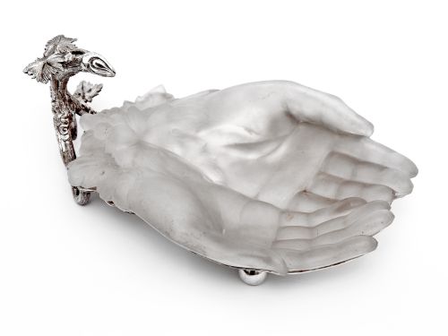 VICTORIAN SILVER PLATED CUPPED HANDS DISH WITH REMOVABLE FROSTED GLASS LINER - ADDITIONAL PHOTO 3