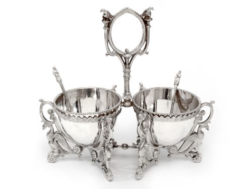 victorian silver plated sugar and cream stand with a sugar sifter and cream ladle - CATEGORY: ANTIQUE SILVER - DATED 1880