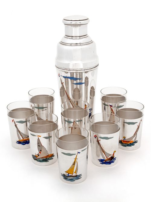 vintage silver plated cocktail shaker and eight tumblers with enamel painted sailing boats - CATEGORY: ANTIQUE SILVER - DATED 1940