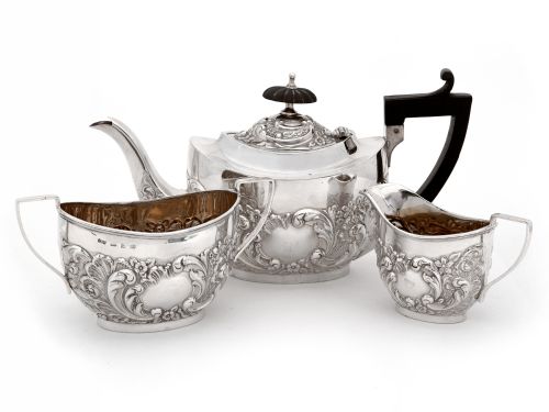 oval victorian three piece silver bachelor tea set - CATEGORY: ANTIQUE SILVER - DATED 1890