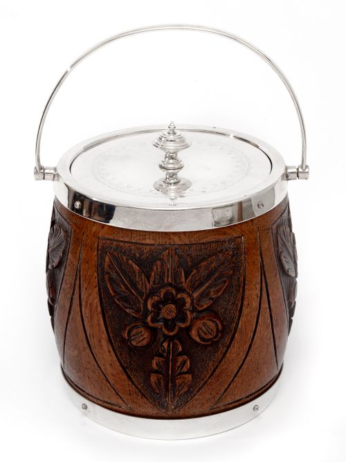 edwardian silver plate and oak biscuit barrel or ice pail with four carved shields - CATEGORY: ANTIQUE SILVER - DATED 1910