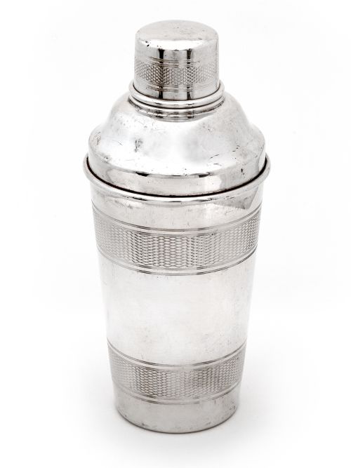 silver plated three section cocktail shaker with three engine turned bands - CATEGORY: ANTIQUE SILVER - DATED 1940