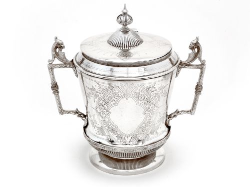 unusual shaped silver plated barrel with cast gargoyle style handles - CATEGORY: ANTIQUE SILVER - DATED 1890