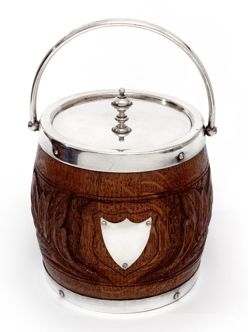 edwardian silver plate and oak biscuit barrel or ice pail with china liner - CATEGORY: ANTIQUE SILVER - DATED 1910