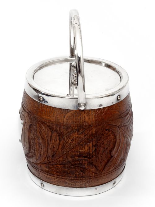 EDWARDIAN SILVER PLATE AND OAK BISCUIT BARREL OR ICE PAIL WITH CHINA LINER - ADDITIONAL PHOTO 1