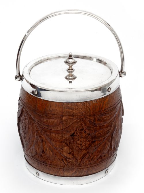 EDWARDIAN SILVER PLATE AND OAK BISCUIT BARREL OR ICE PAIL WITH CHINA LINER - ADDITIONAL PHOTO 2